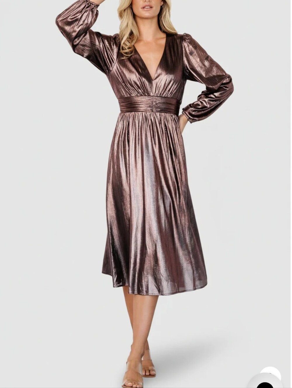 Baltic Born Aisha Metallic Bronze Long-Sleeve V-Neck Pleated Midi Dress Size M